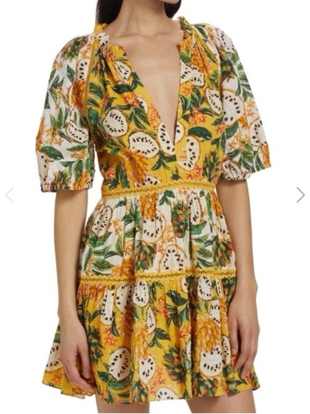 FARM Rio Yellow Tropical Fruit Print V‑Neck Tiered Mini Dress